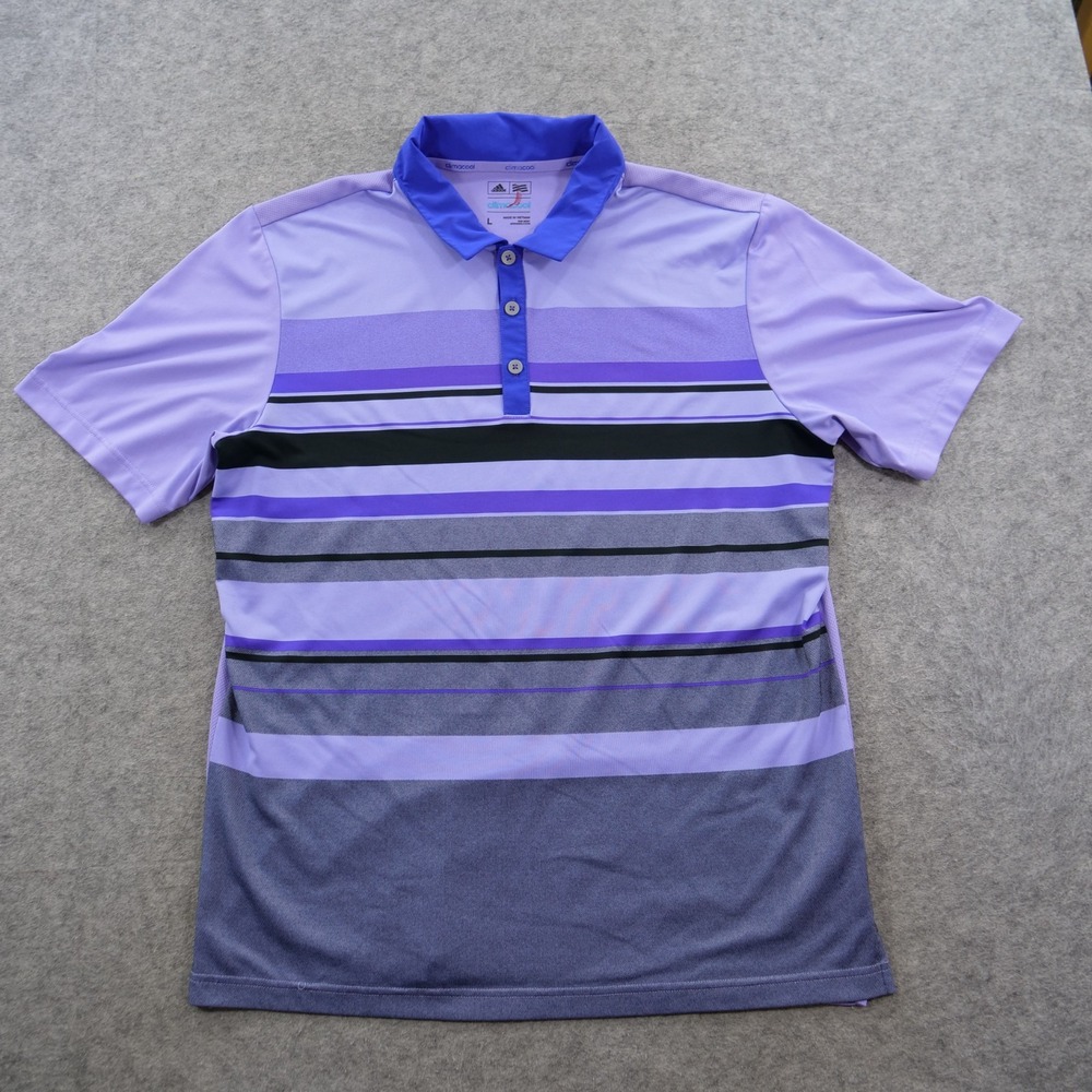 Adidas Golf Shirt Mens Large Purple Striped Climacool Short Sleeve Polo